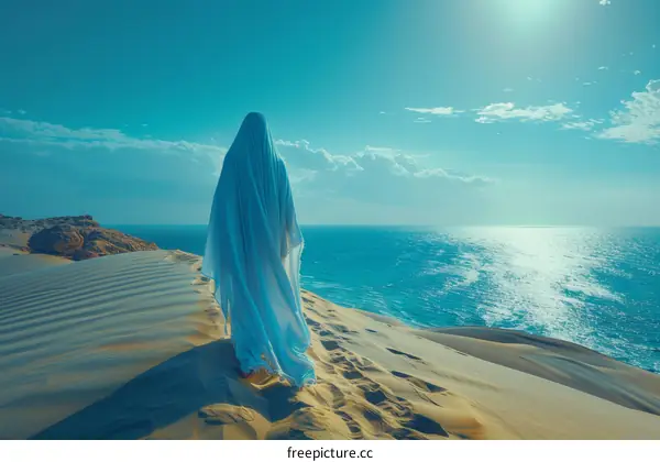 A woman in a white dress standing on a sand dune overlooking the ocean