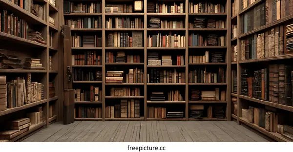 Vintage Wooden Bookshelves Filled with Ancient Books