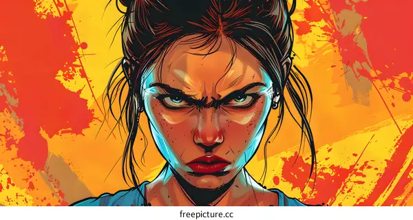 portrait of a young woman with brown hair and blue eyes looking at the viewer with an angry expression on her face