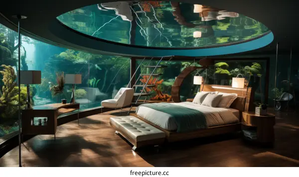 Amazing bedroom with a huge aquarium as a window