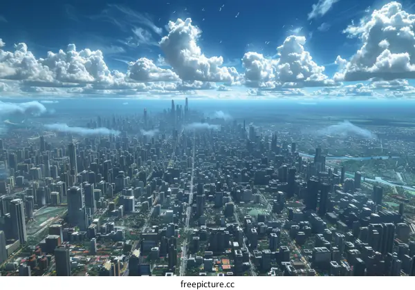 Futuristic City Skyline Aerial View Illustration