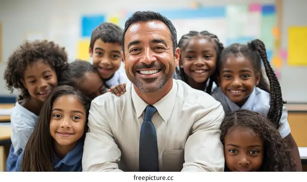 Happy Elementary School Teacher and Students