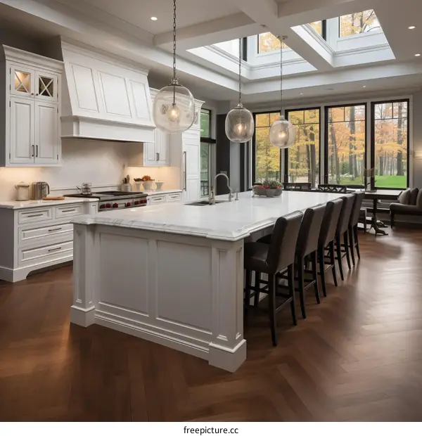 Modern kitchen interior design with large windows and a view of the forest