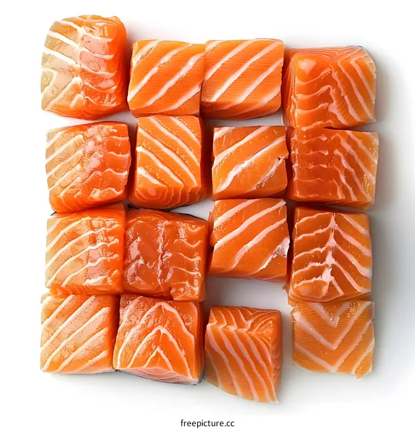 Fresh Salmon Cubes on White Background