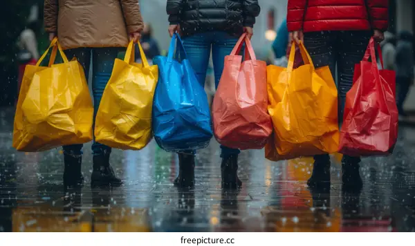 People carrying shopping bags in the rain