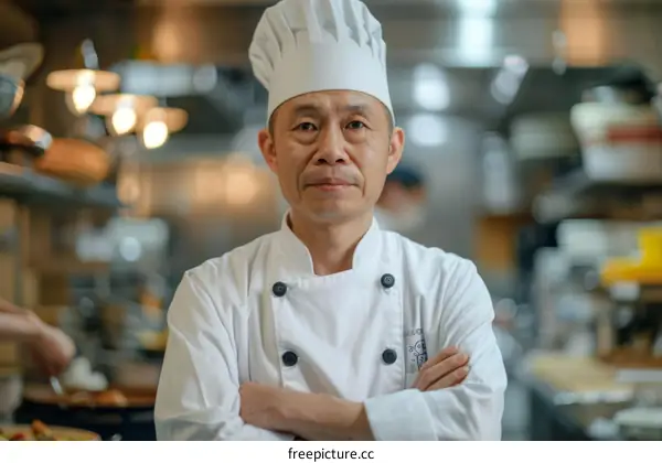 Portrait of a Serious Asian Chef in a Commercial Kitchen