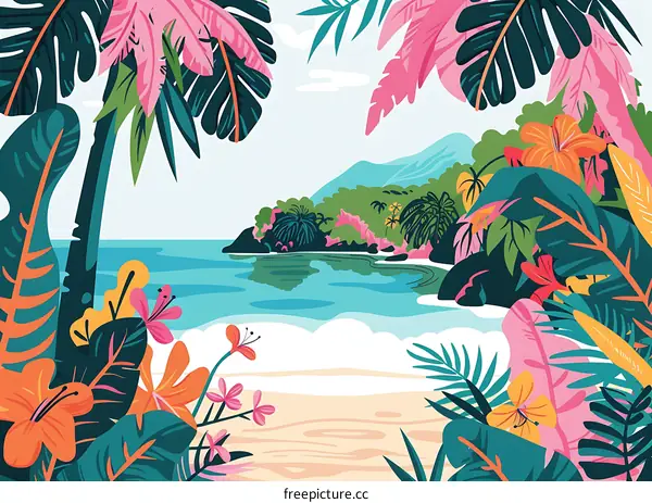 Tropical Island Landscape Illustration with Palm Trees and Flowers