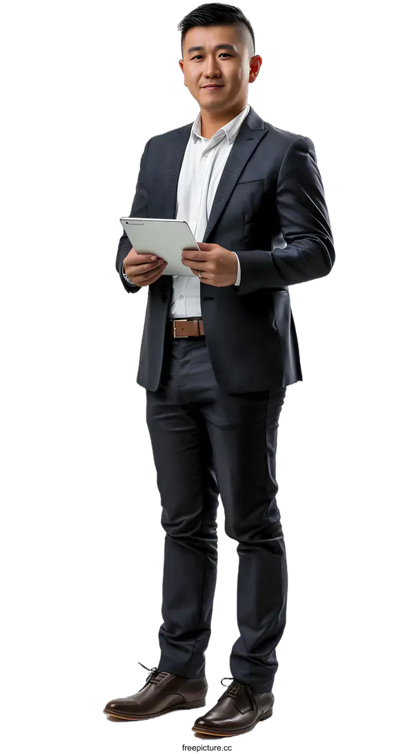 [Transparent Background PNG]Full Body Portrait of Asian Businessman Holding Tablet