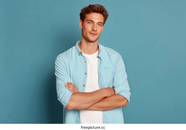 Confident Caucasian Male in Light Blue Shirt