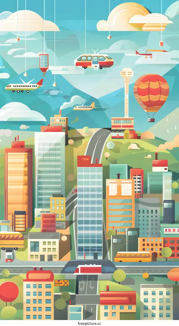 Futuristic Cityscape with Flying Vehicles and High Rise Buildings