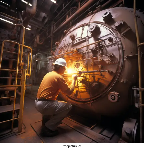 An industrial worker wearing a hard hat and protective gear inspects a large industrial boiler with a flashlight