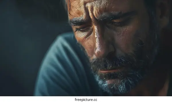 A portrait of a man with a beard and a sad expression on his face.