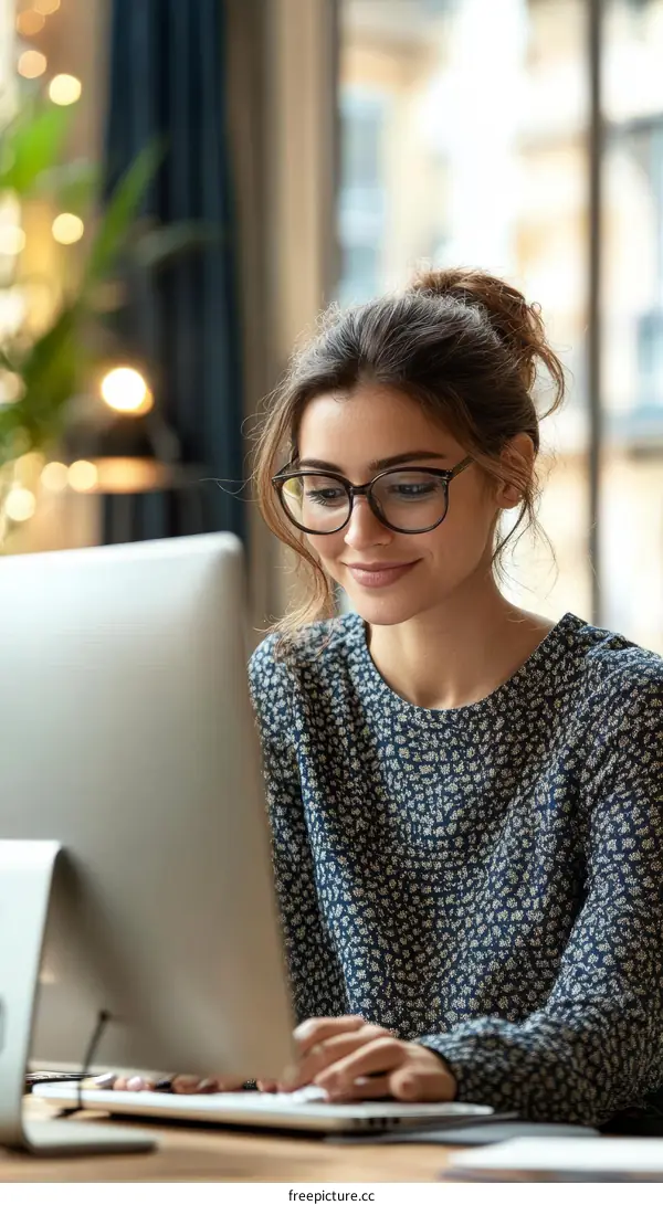 Young Woman Working on Computer in Cafe