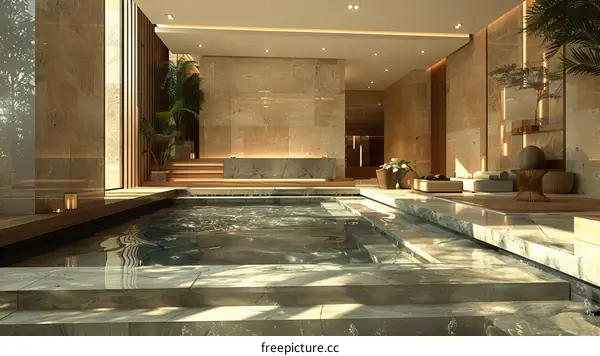 Indoor swimming pool with large windows and natural light