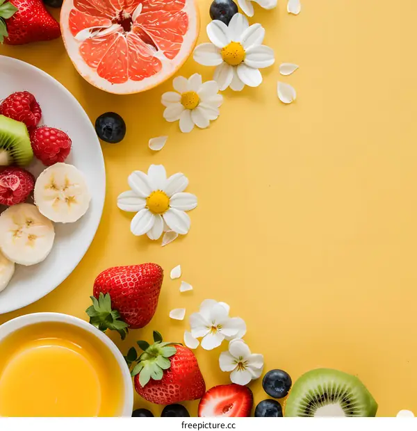 Fresh Fruits And Flowers On A Yellow Background
