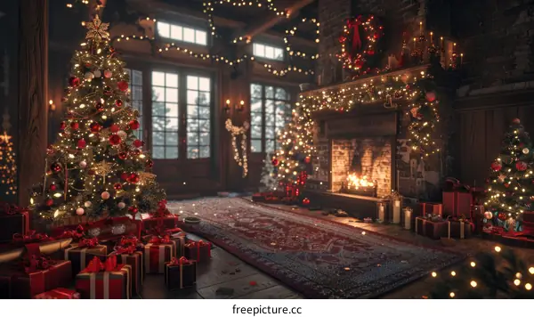 Cozy Christmas Tree by Fireplace