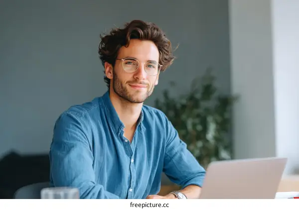 Smiling Caucasian Man Working on Laptop