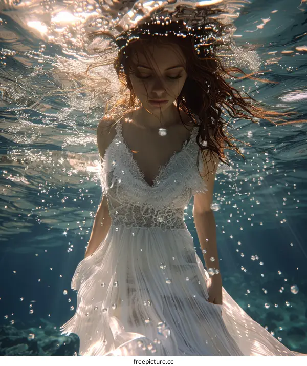 Woman in White Dress Submerged Underwater