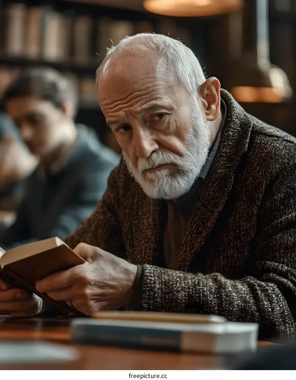 Old Man Reading Book in Library