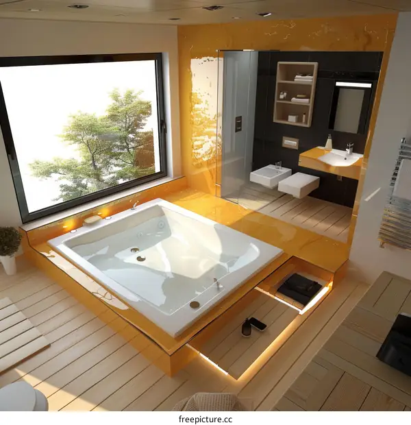 Modern Bathroom Interior Design with Jacuzzi Bathtub and Golden Wall