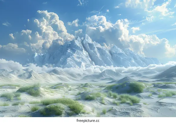 Snow-covered wasteland with distant snow-capped mountain