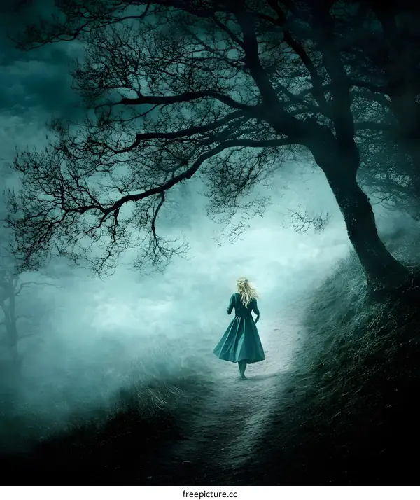 Woman Walking on Foggy Path in the Woods