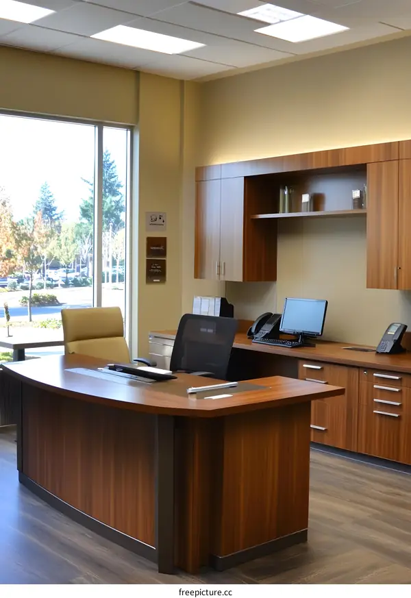 Modern Office Desk with Curved Design and Wood Finish
