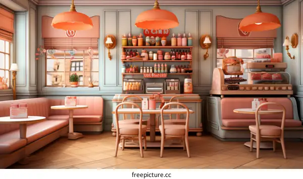 Small Retro Diner Interior with Pink and Blue Pastel