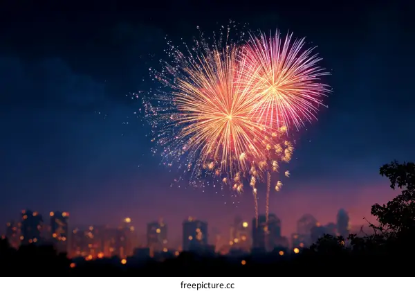 Cityscape Fireworks Display at Night