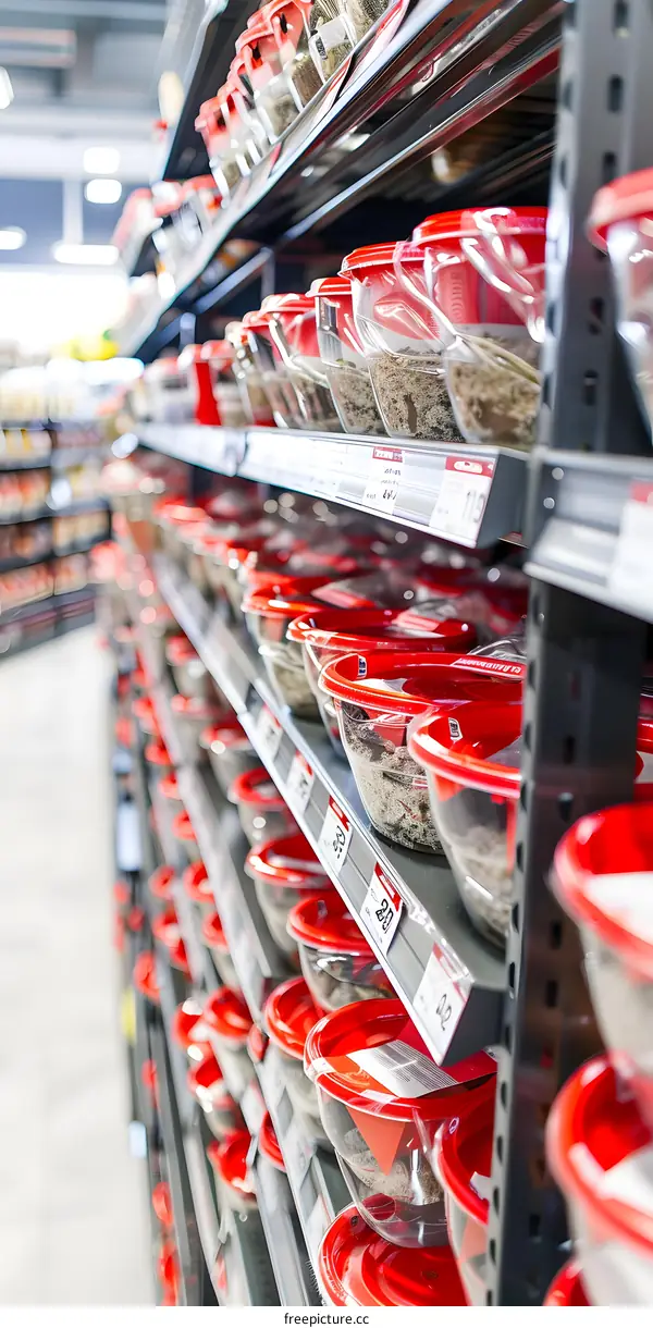 Red Plastic Containers on Shelves at a Grocery Store