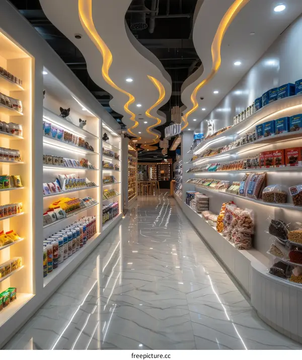 Grocery store interior with white walls and bright lighting