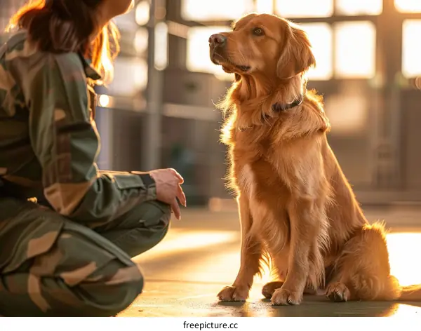 A woman in military uniform talking to a golden retriever
