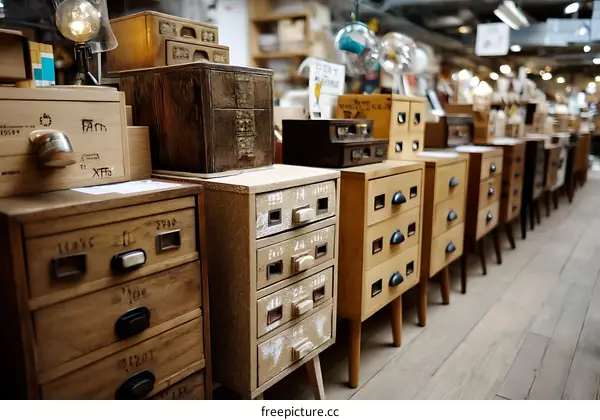 Vintage Wooden Drawers Display in a Shop
