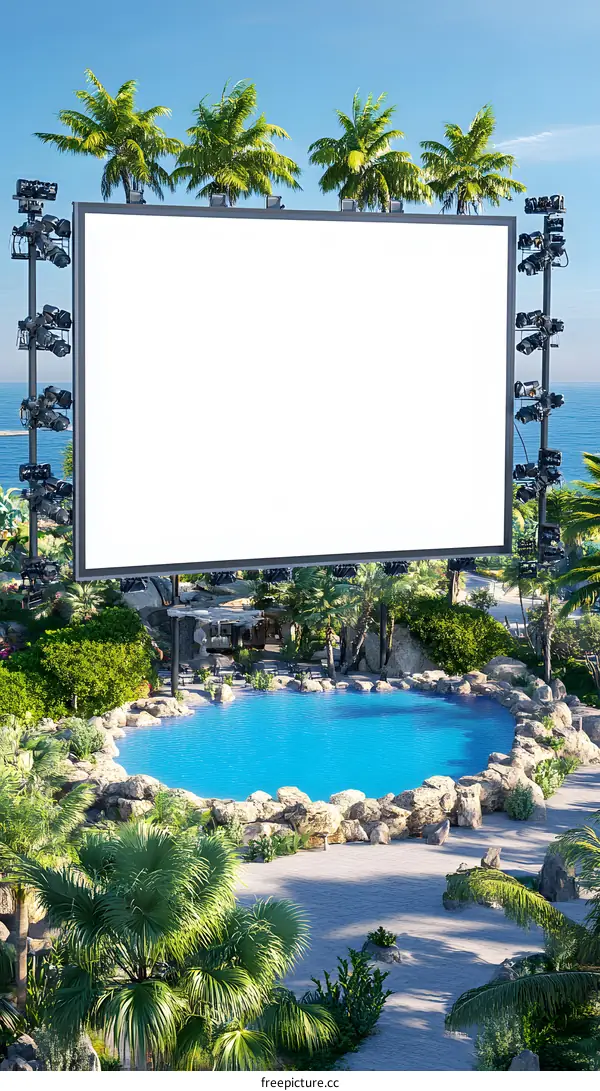 Tropical Beach Scene with Blank Screen
