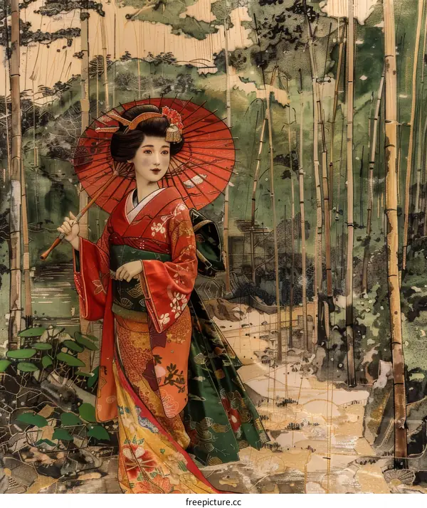 A Japanese woman in a kimono holding a red umbrella walks through a bamboo forest