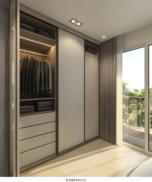 Modern Closet with Sliding Doors and Natural Light