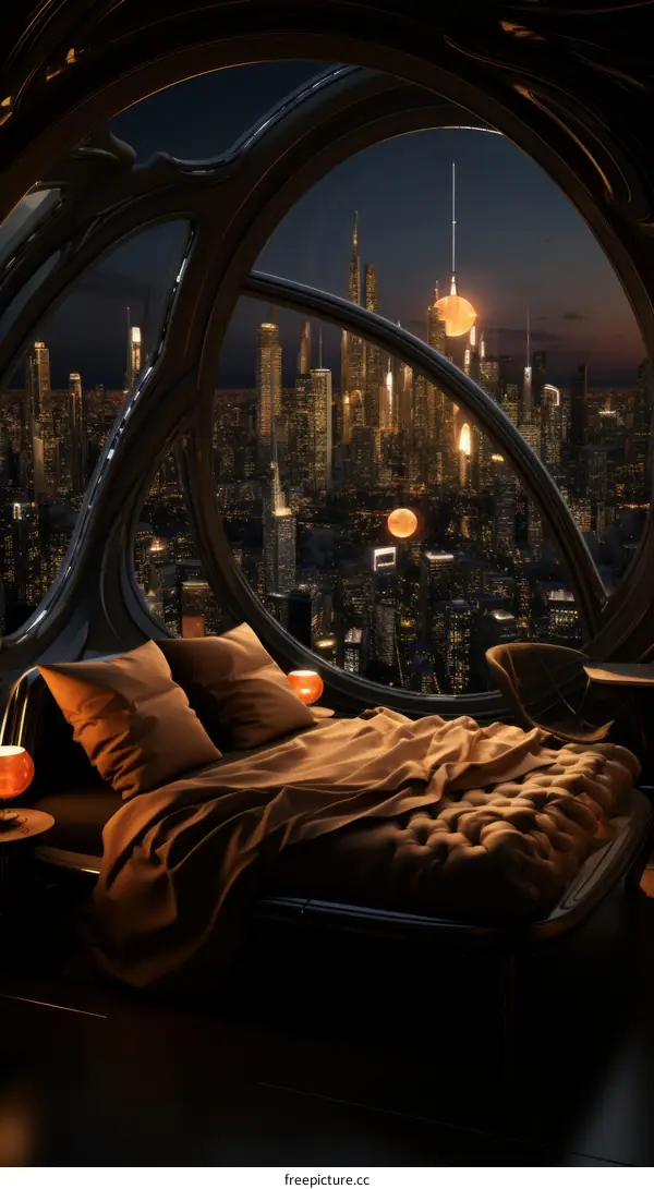 Futuristic Cityscape: Night View from a Bedroom Window