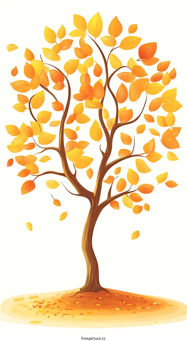 Autumn Tree Illustration with Falling Leaves