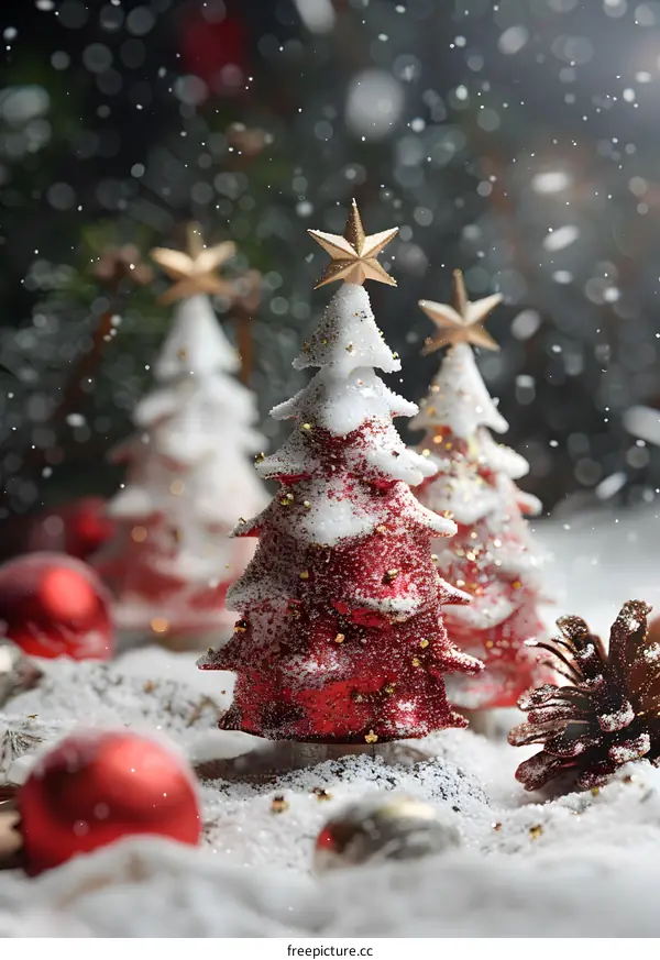 Three red Christmas trees covered with snow
