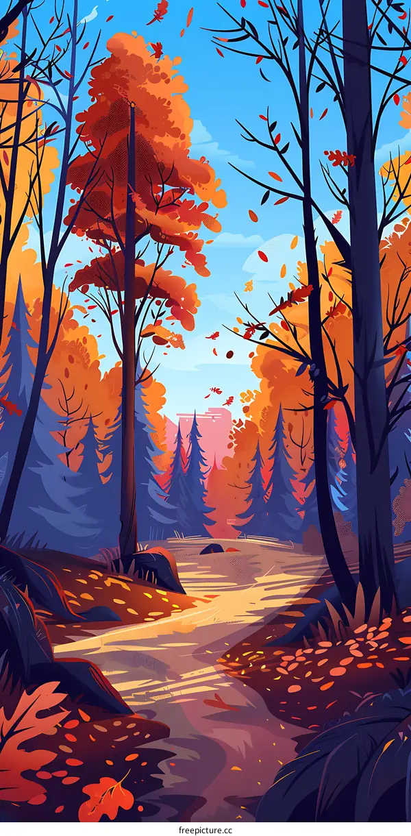 Autumn Forest Path with Fallen Leaves Illustration