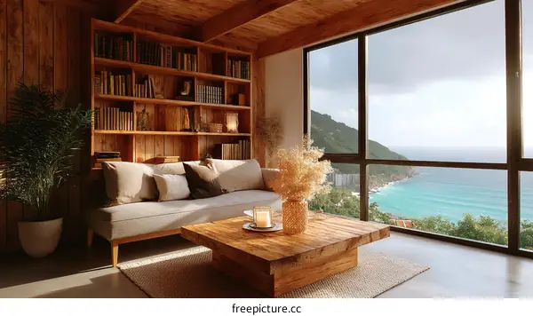 Cozy Wooden Living Room with Ocean View Illustration