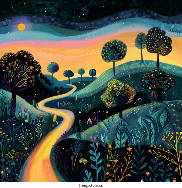 Colorful Landscape Painting of a Winding Path Through a Field of Flowers