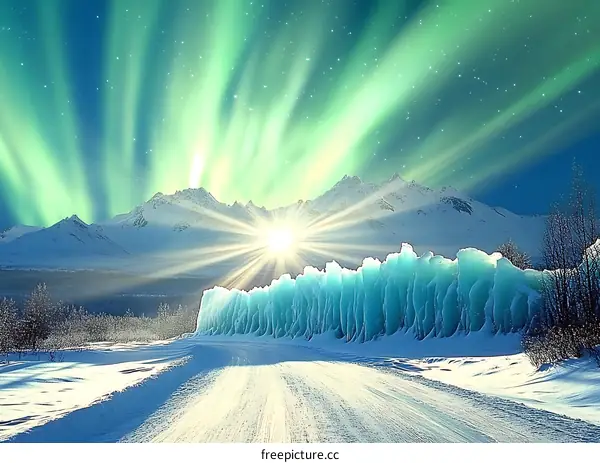 Northern Lights Display over Snowy Mountain Range