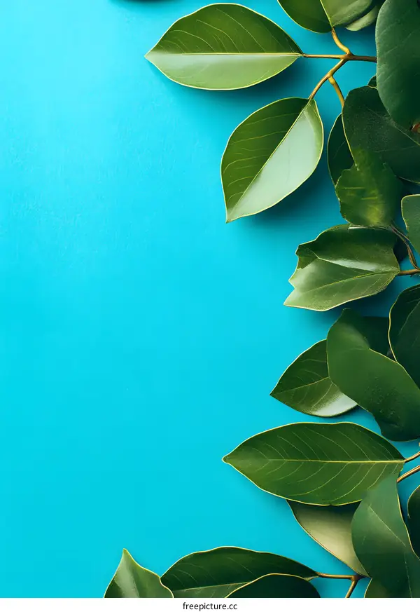 Green Leaves on Blue Background Minimalist Nature Photography