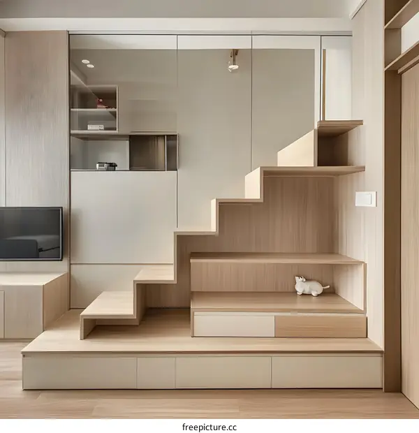 Modern Interior Design with Wooden Stairs and Shelving
