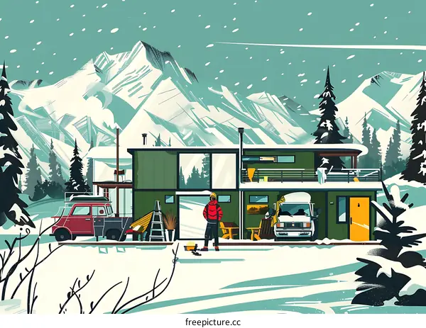 Winter Scene with Man in Front of Cabin in the Mountains