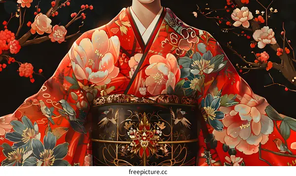 Floral Kimono with Delicate Embroidery in Red and Black