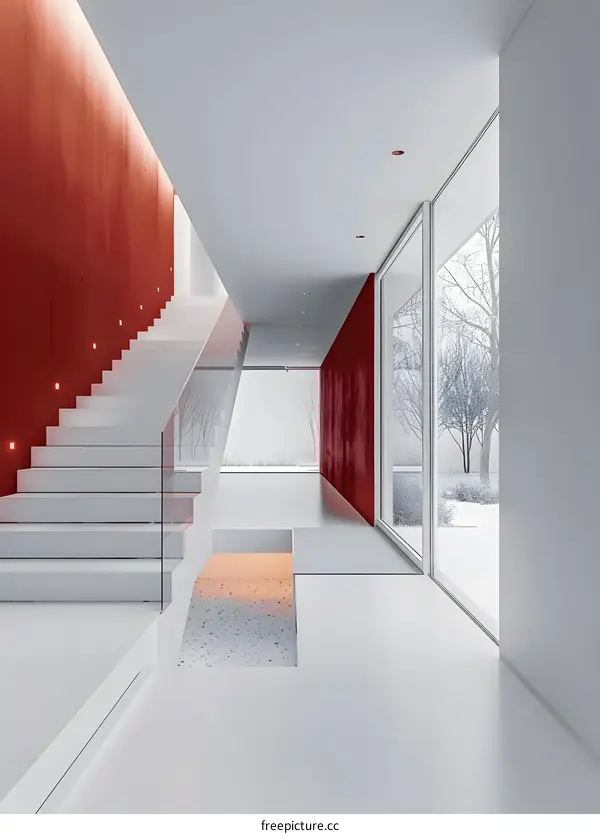 Modern Minimalist Interior Design with White Stairs and Red Wall