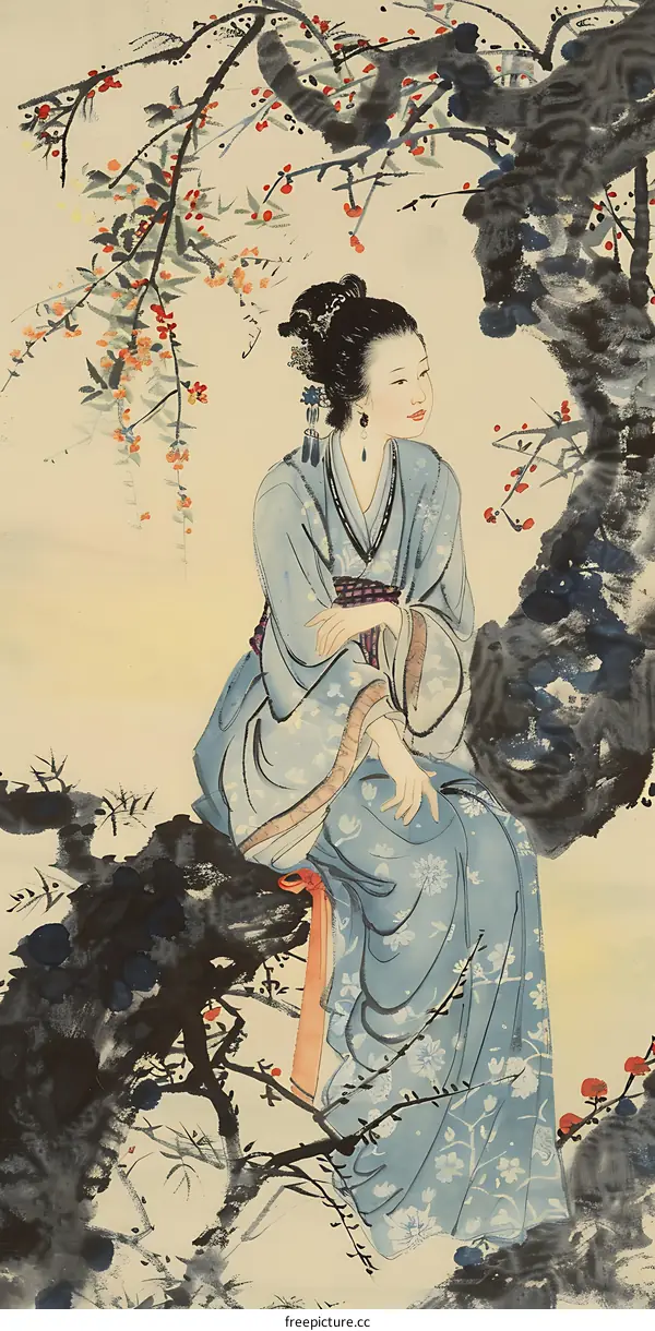 Woman in Traditional Chinese Clothing Sitting on a Branch in a Painting