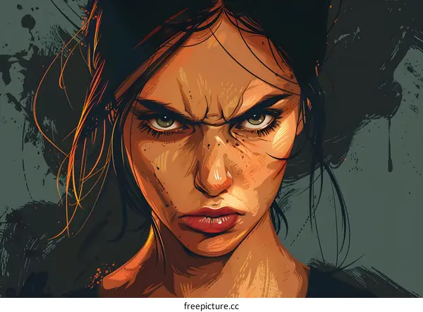 Portrait of a young woman with brown hair and green eyes looking at the viewer with an angry expression on her face
